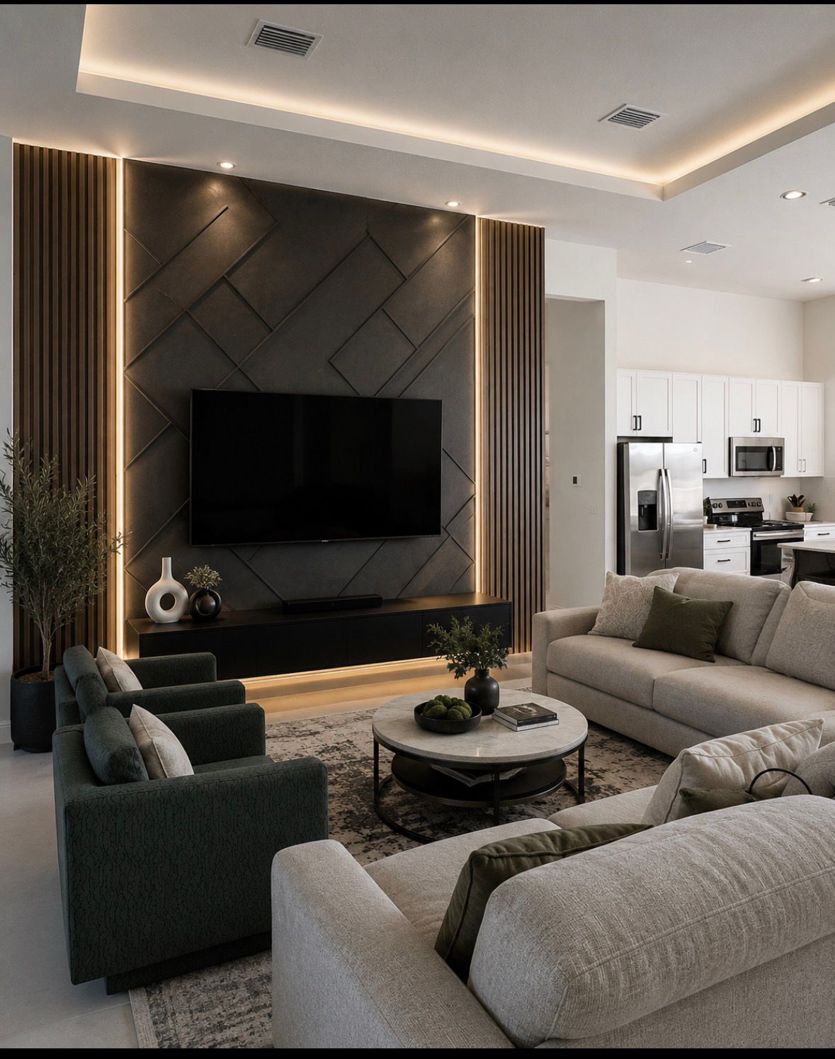 Custom illuminated living room feature wall with wood slats and TV by Feature Wall Kings
